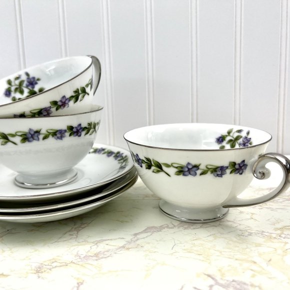 Vintage Jyoto Fine China Japan 3 Teacups & Saucers Glendale Violet - Picture 4 of 9